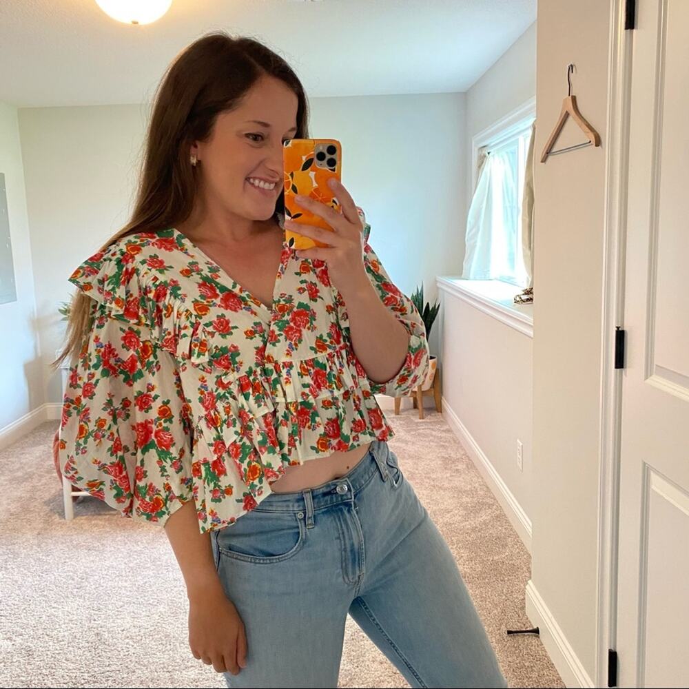 Rhode Resort White Pink Red Floral Dazzle Elodie Crop Blouse Top Medium M - Picture 5 of 15